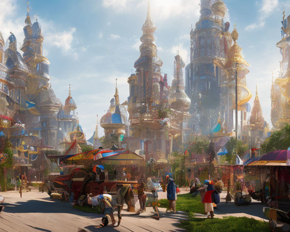 Vibrant marketplace with colorful stalls and towering spires