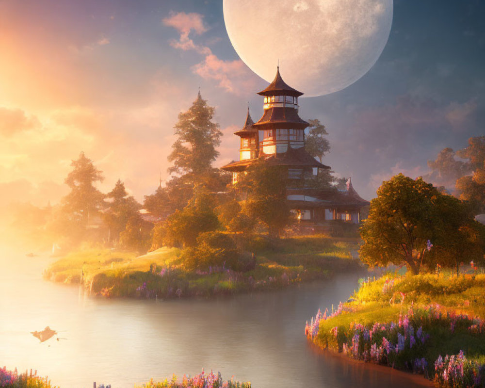 Traditional pagoda on hill with lush flora, river, boat, and full moon in serene scene