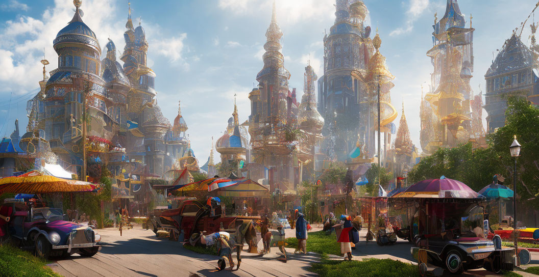 Vibrant marketplace with colorful stalls and towering spires