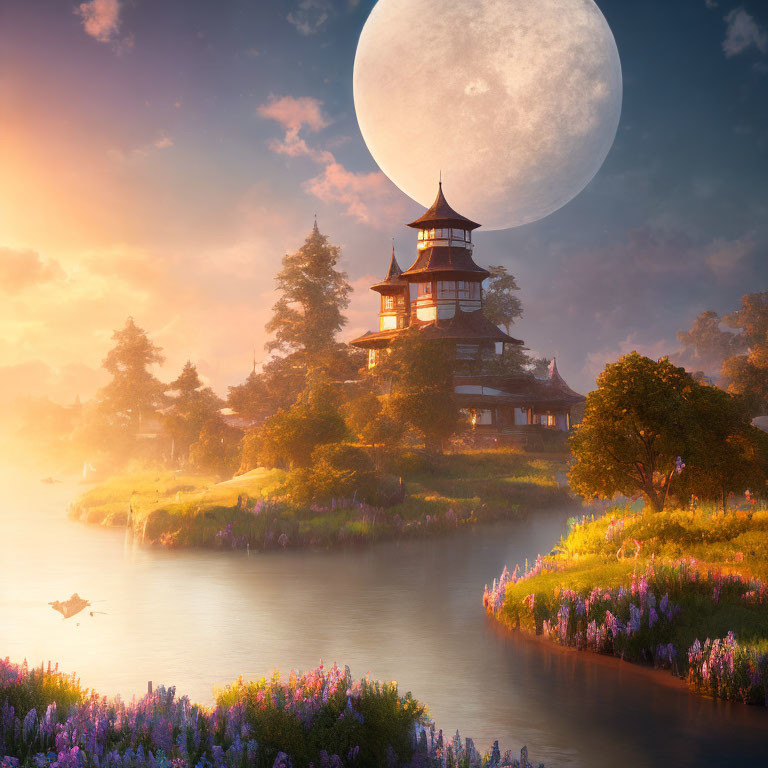 Traditional pagoda on hill with lush flora, river, boat, and full moon in serene scene