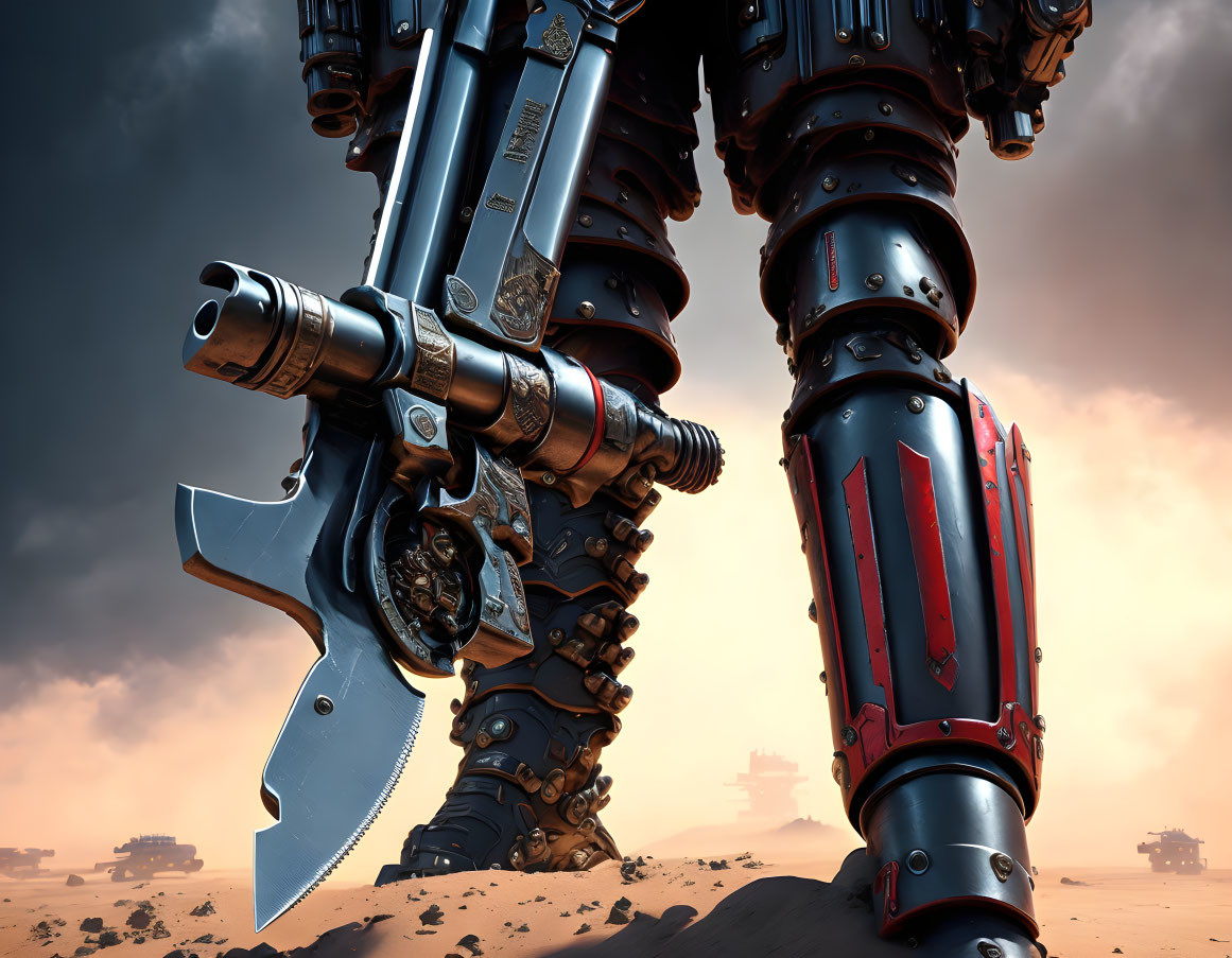 Gigantic mechanized warrior legs with gun and axe in desert battlefield