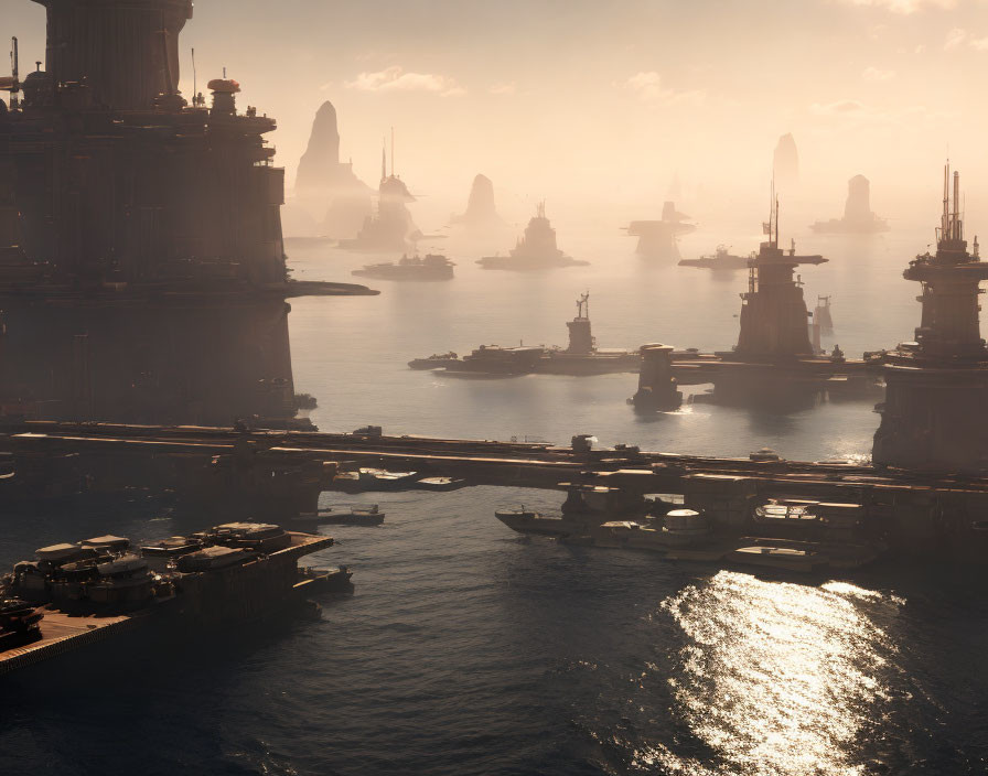 Futuristic skyline with towering structures and ships at sunset on calm water