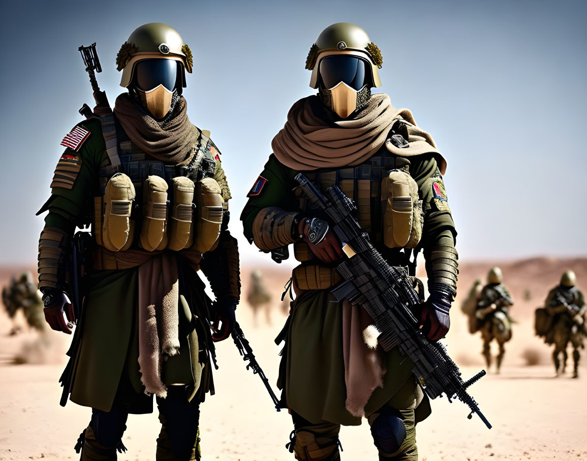 Soldiers in tactical gear with rifles in desert setting.