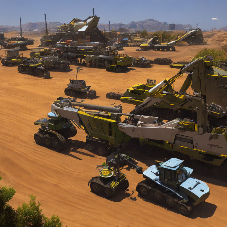 Large Mining Machines and Trucks on Red Sandy Terrain