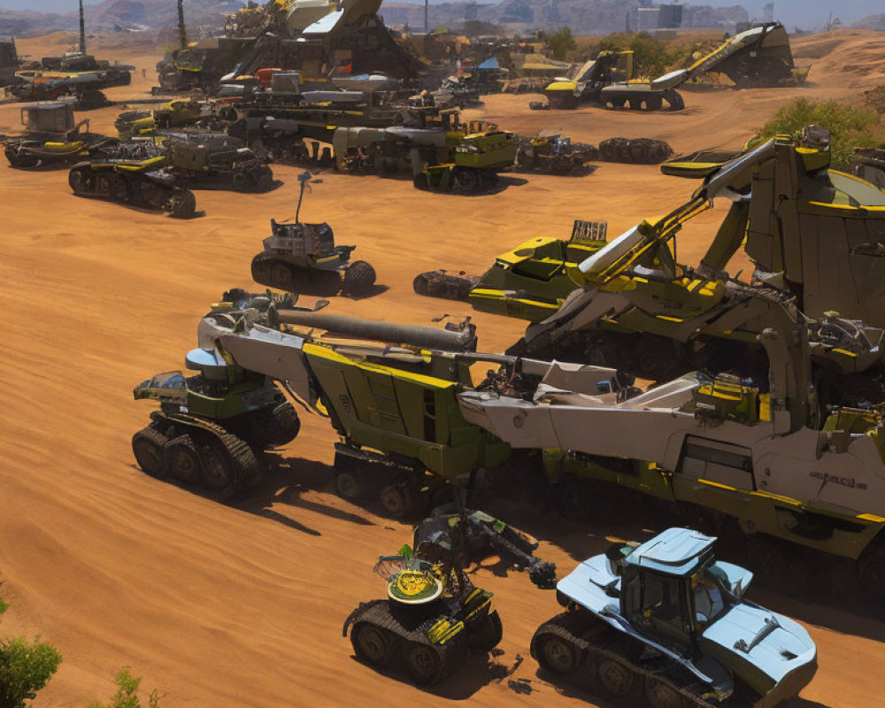 Large Mining Machines and Trucks on Red Sandy Terrain