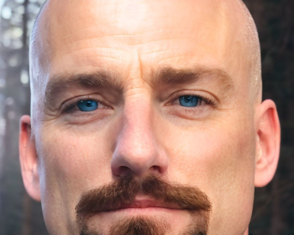 Bald Man with Mustache and Military Collar, Blue Eyes