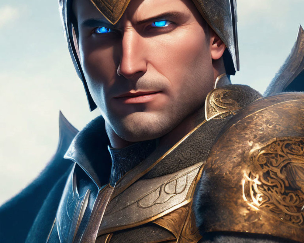 Fantasy knight with glowing blue eyes in golden armor