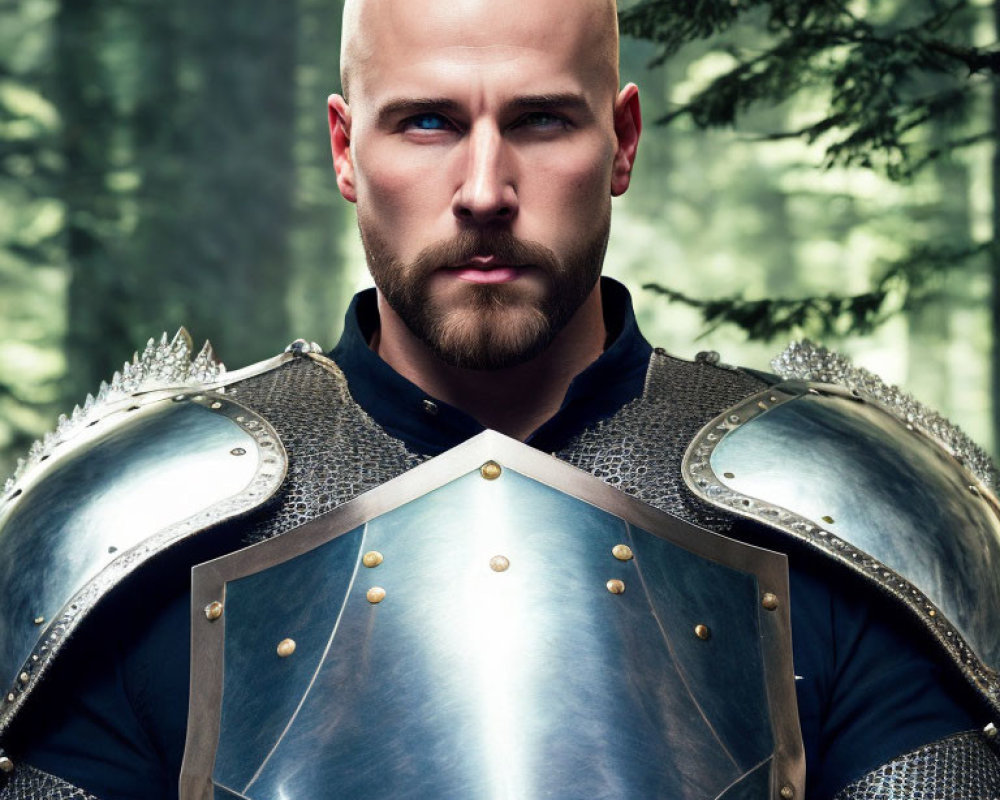 Bald man in knight armor with beard in forest setting