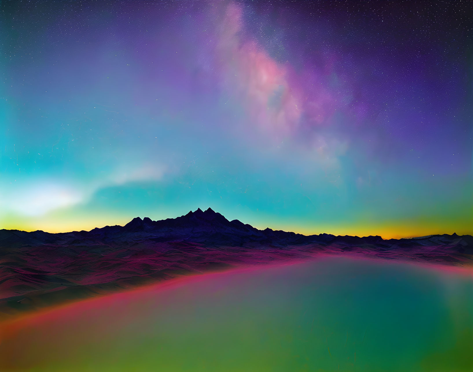 Mountain Silhouette Against Starry Sky with Aurora Lights