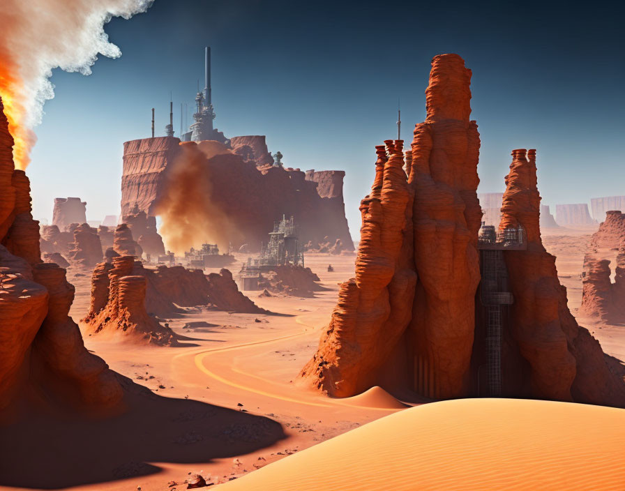 Futuristic industrial complex in red rock alien landscape