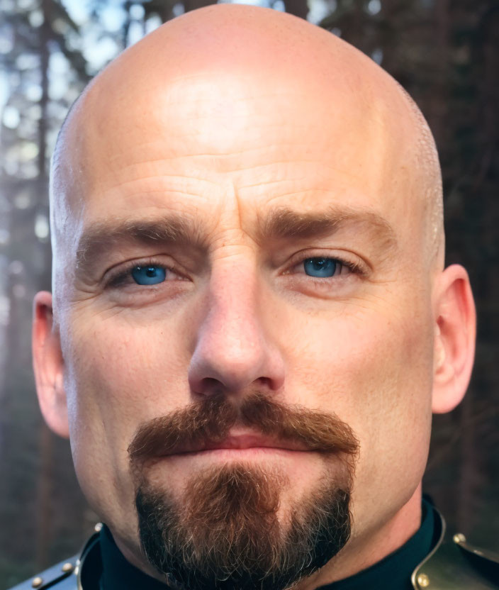 Bald Man with Mustache and Military Collar, Blue Eyes