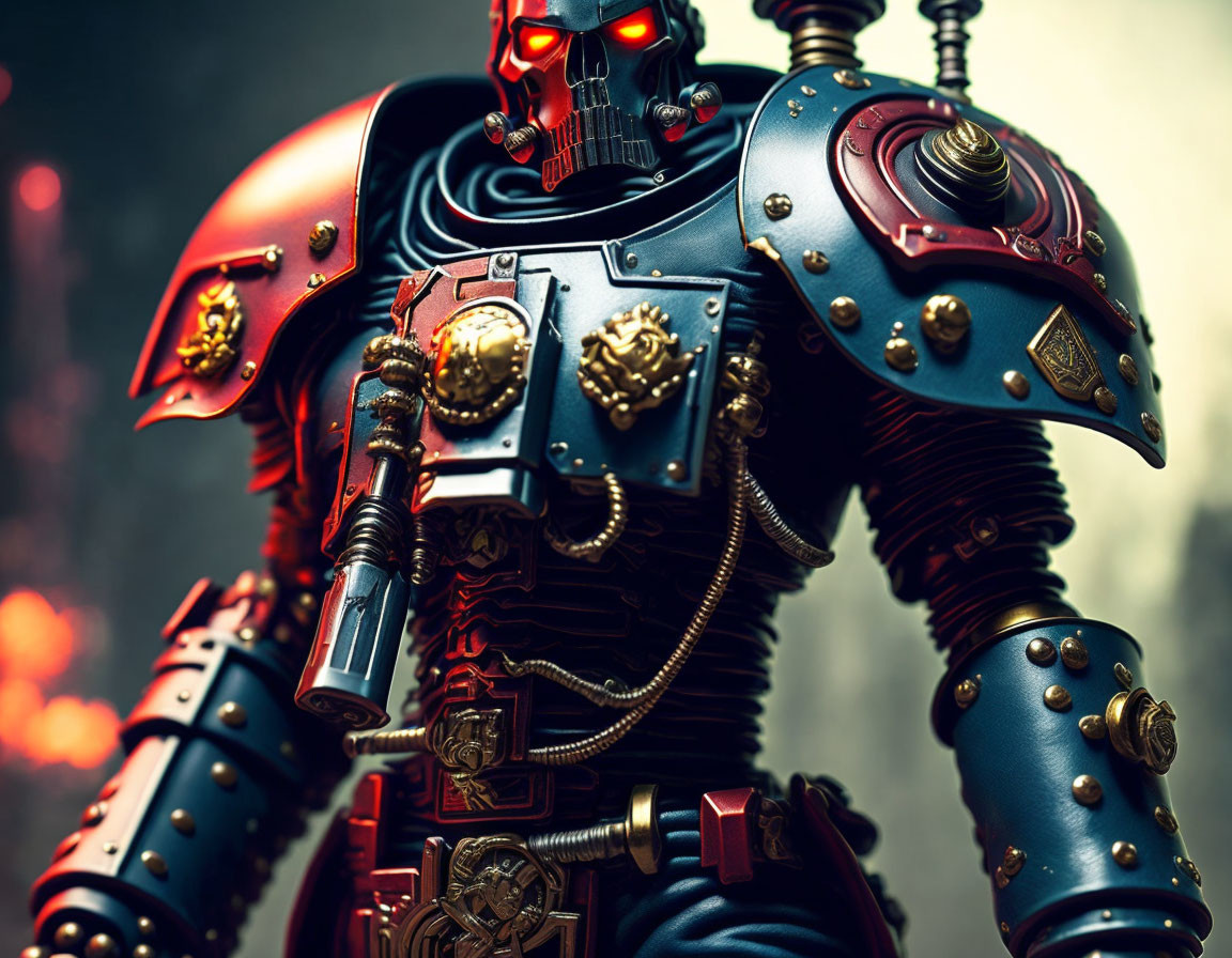 Detailed futuristic armored warrior model with gold detailing, red plating, and glowing red visor