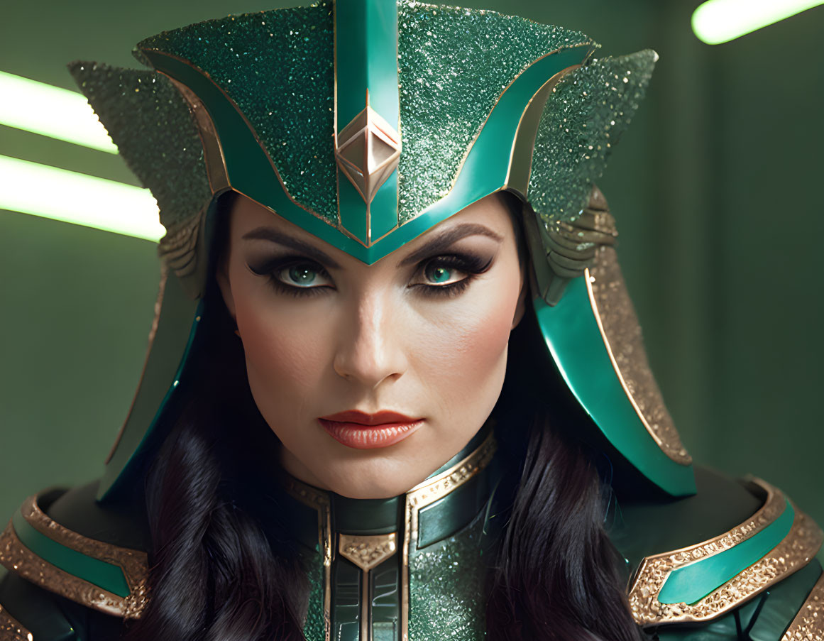 Elaborate green and gold armored headgear on stern woman