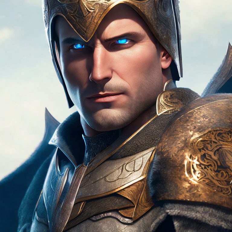 Fantasy knight with glowing blue eyes in golden armor