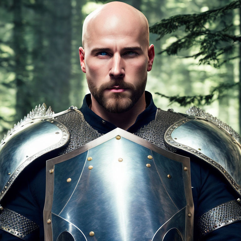 Bald man in knight armor with beard in forest setting