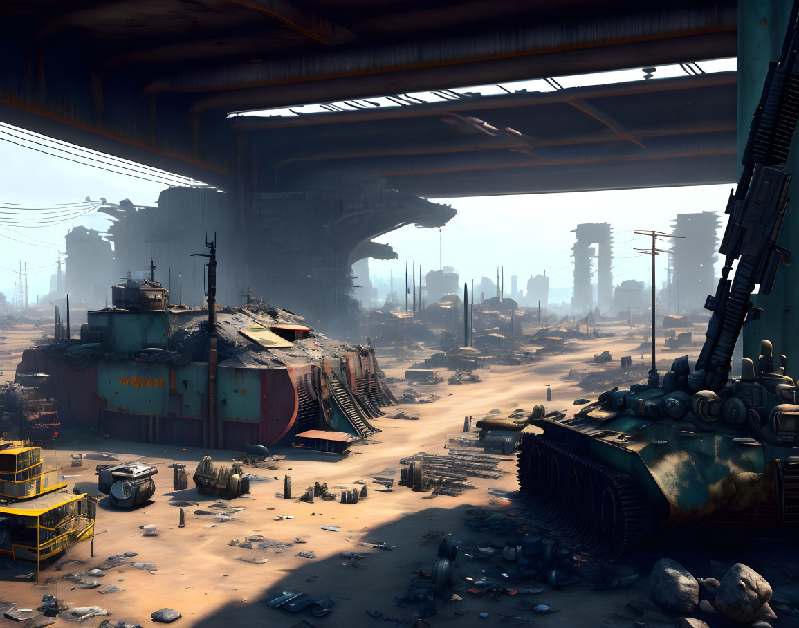 Desolate post-apocalyptic scene with derelict buildings and tank