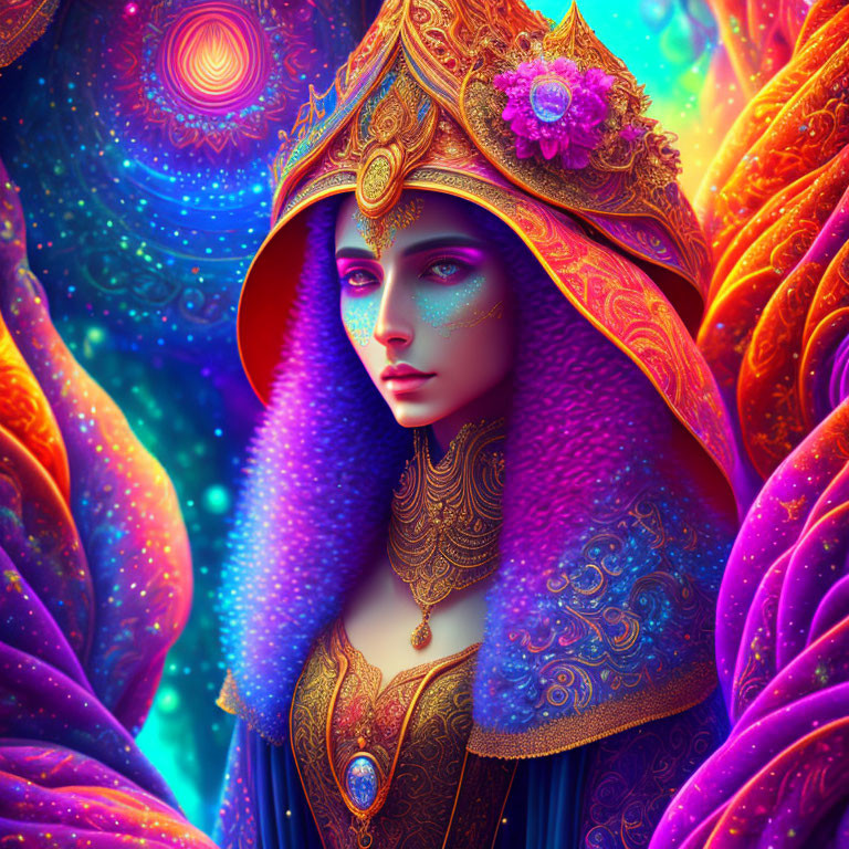 Colorful digital illustration of mystical woman in ornate golden headdress.