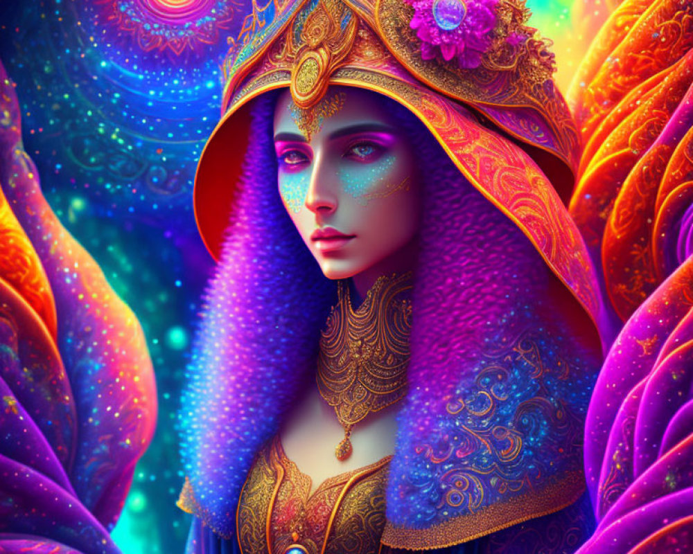 Colorful digital illustration of mystical woman in ornate golden headdress.