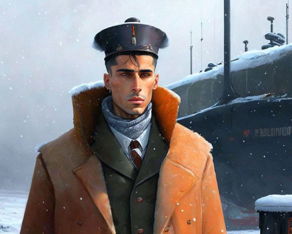 Male character in military uniform in snowy setting with train.