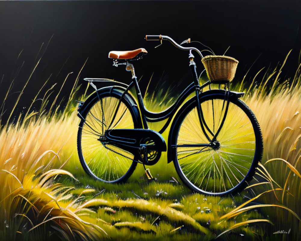 Vintage Bicycle with Basket in Tall Golden Grass and Dark Background