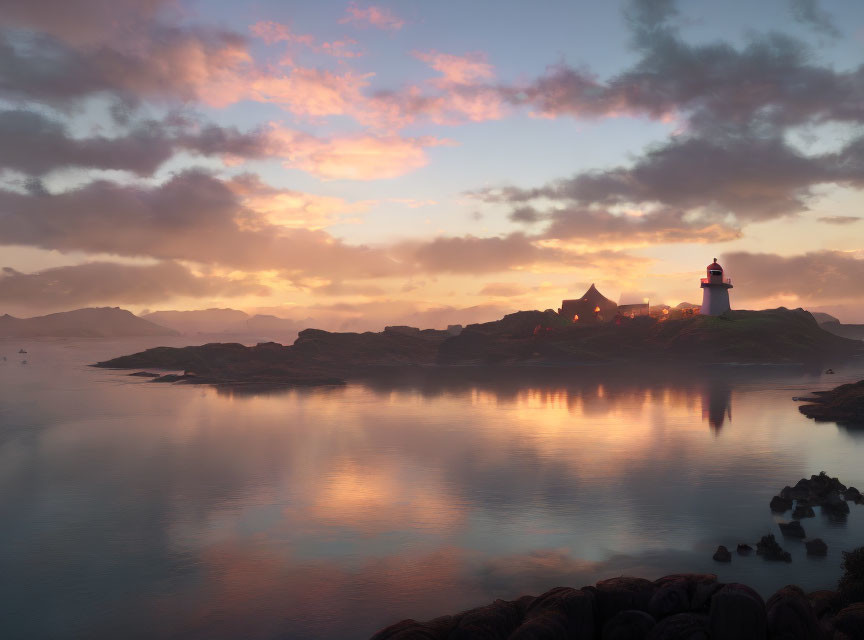 Tranquil dusk landscape with lighthouse on cliff by calm sea