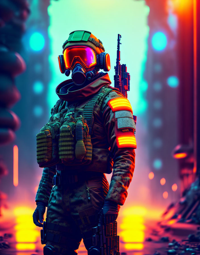 Futuristic soldier in orange helmet with rifle under alien sky