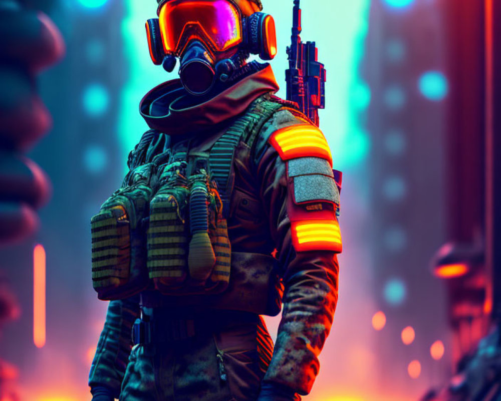 Futuristic soldier in orange helmet with rifle under alien sky