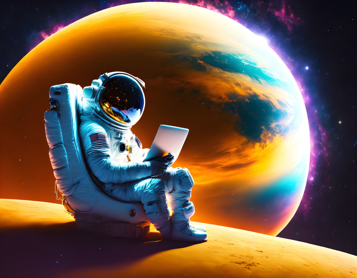 Astronaut in white space suit using tablet on alien planet surface