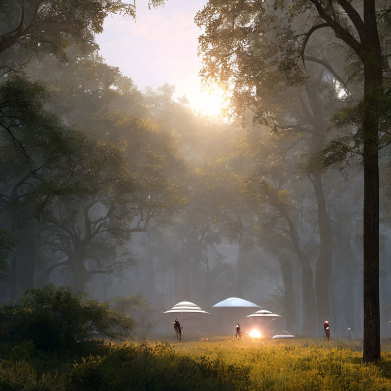 Misty forest sunrise with people holding white umbrellas