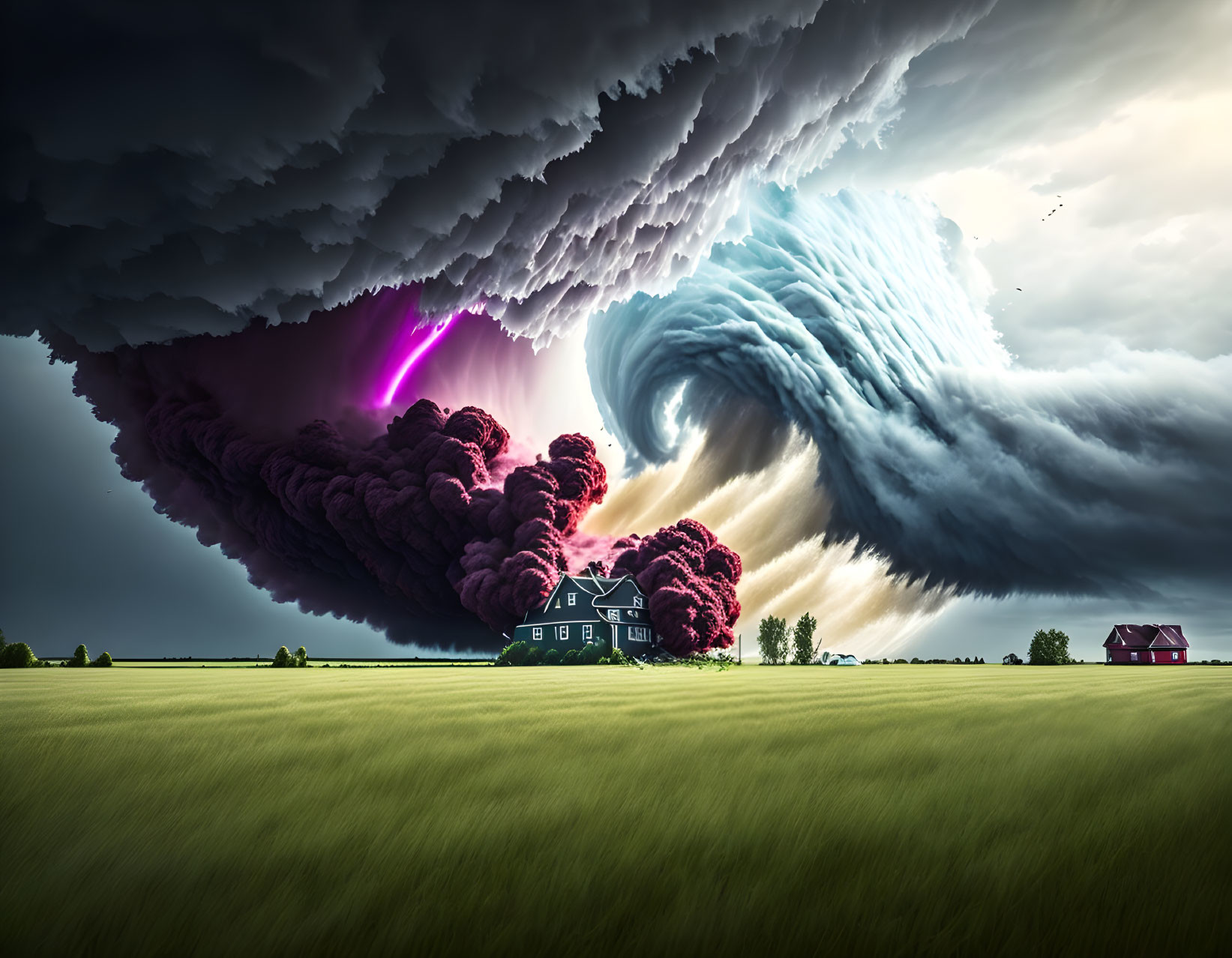 Surreal storm cloud over house and barn