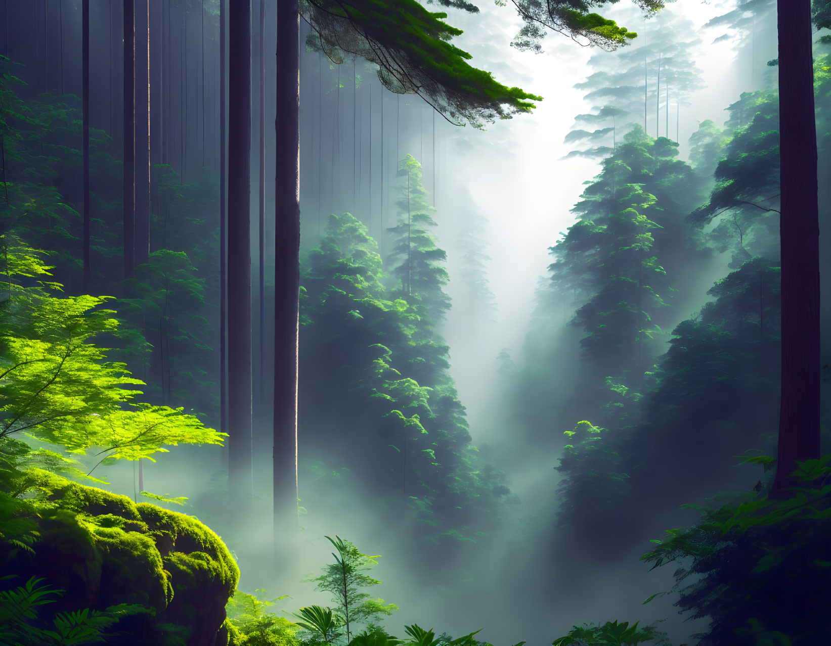 Lush forest with tall trees, mist, sunlight, and greenery