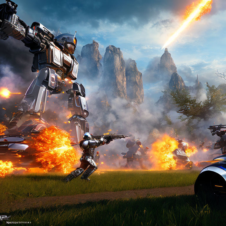 Futuristic humanoid robot in battle scene with explosions and advanced vehicles