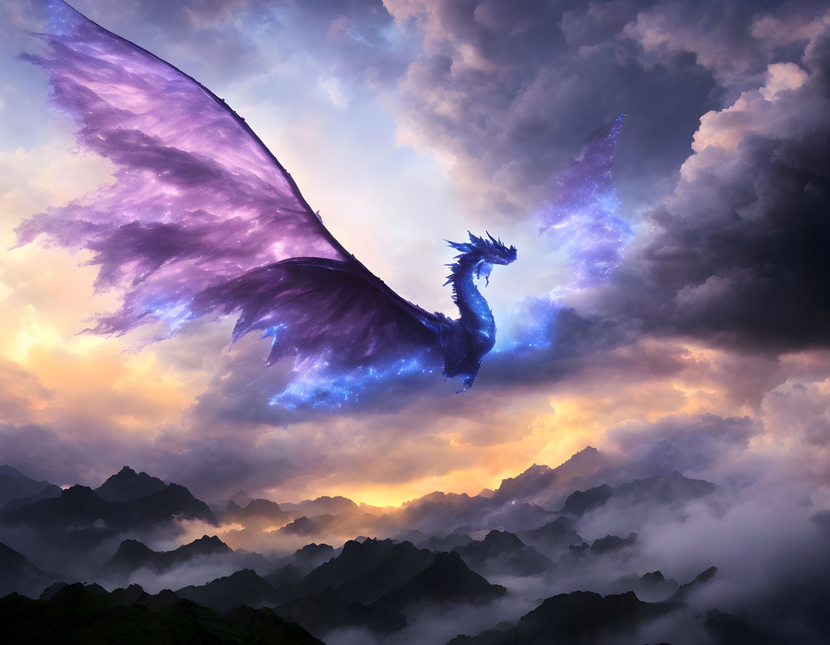 Majestic purple-winged dragon flying over misty mountains at sunset