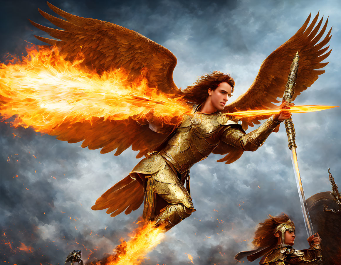 Fiery-winged warrior with spear in fantasy art against cloudy sky