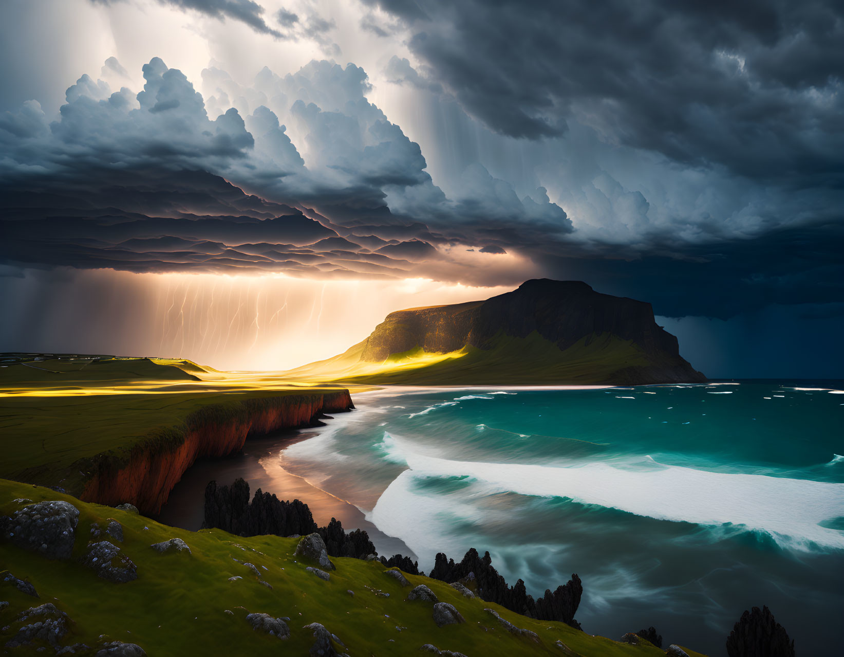 Stormy Coastal Landscape with Lightning and Green Cliffs