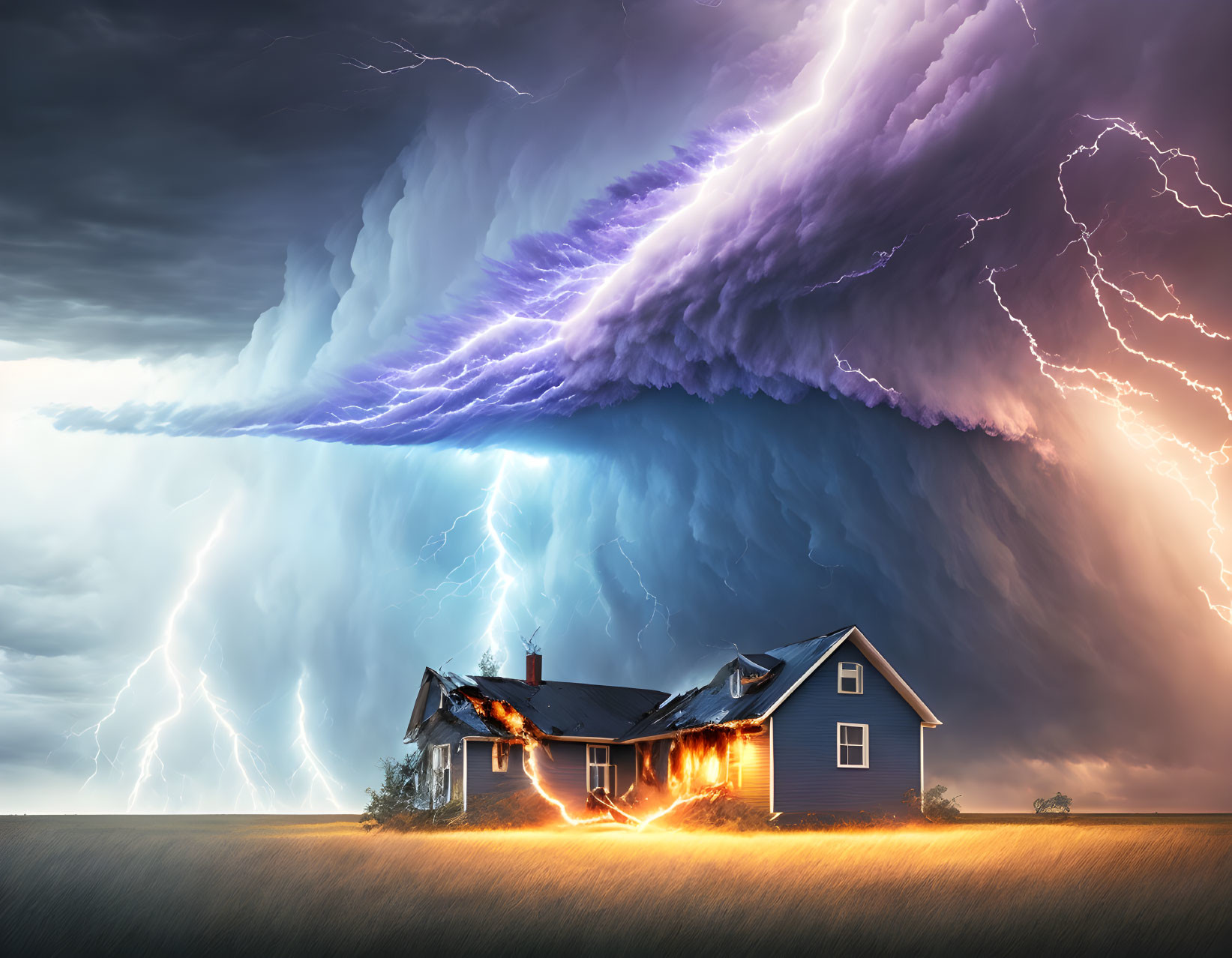 House on Fire in Stormy Sky with Lightning Strikes