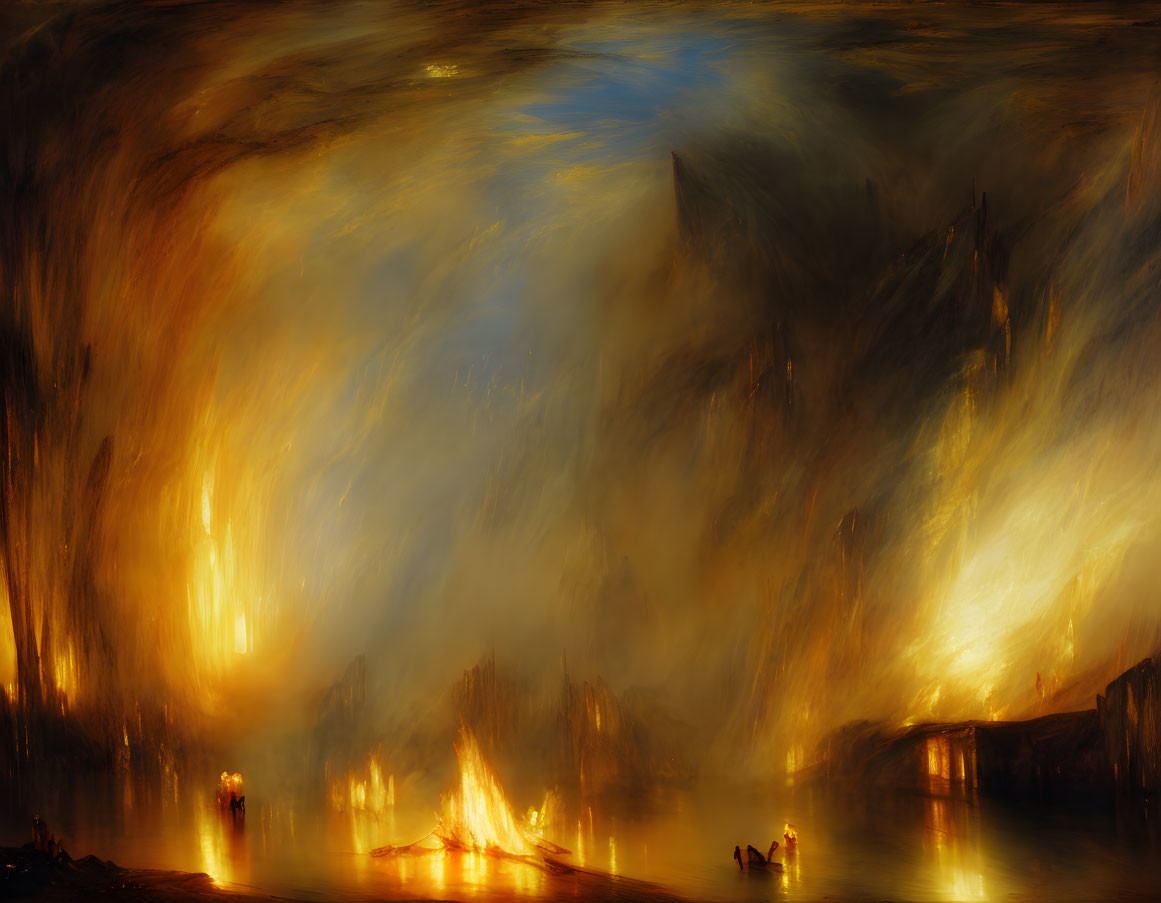 Golden inferno scene with figures near bonfire and abstract shapes in luminescent sky