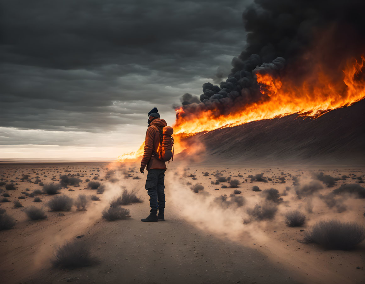 Person in winter attire gazes at massive wall of fire in dramatic sky