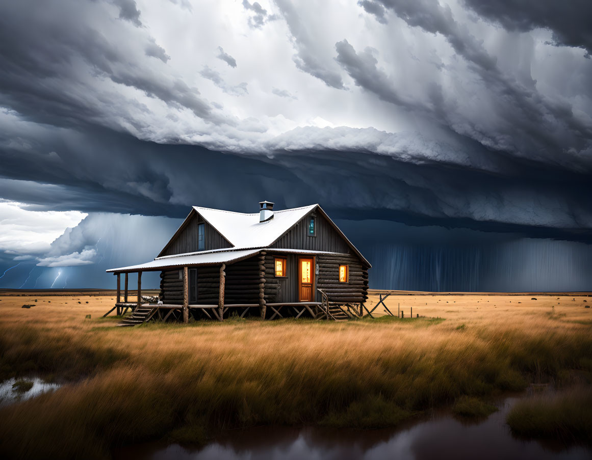 Wooden cabin under stormy sky in desolate field