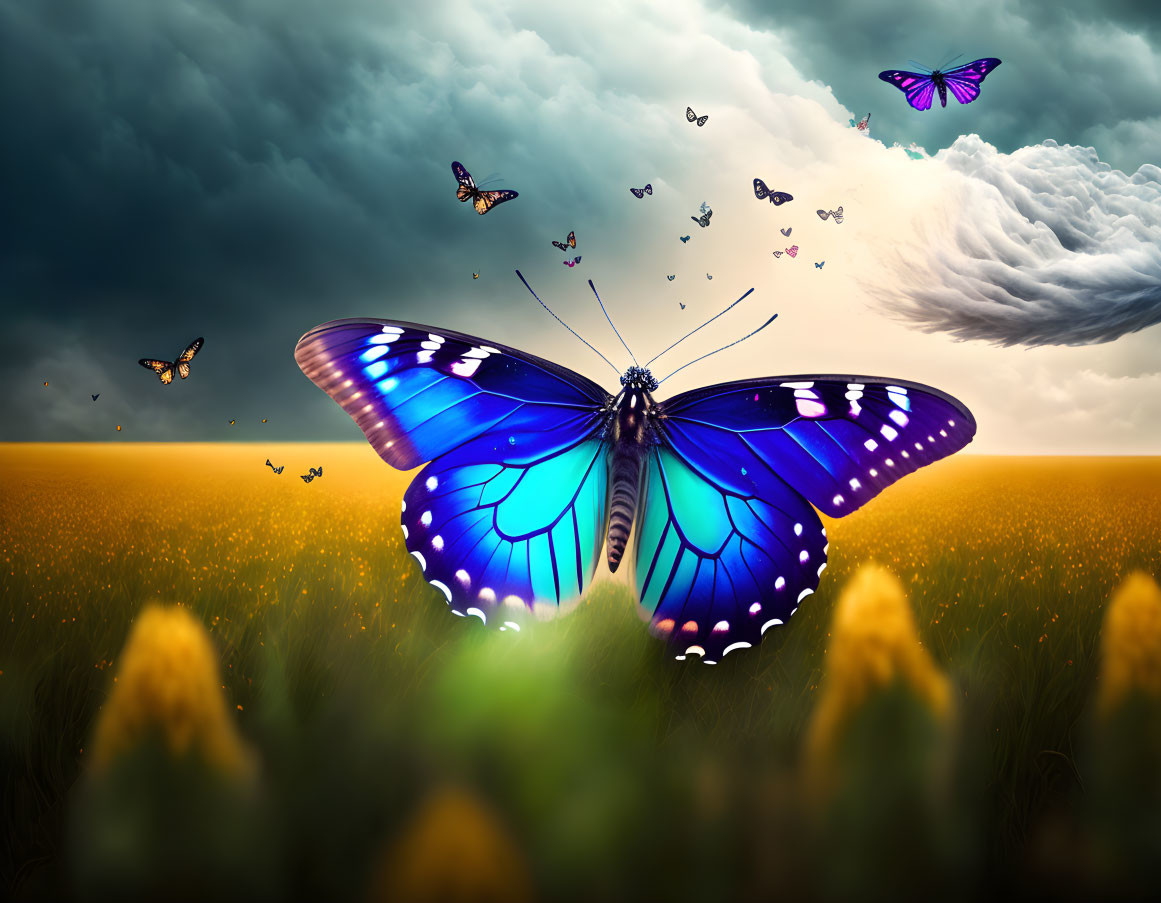 Blue butterfly on yellow field with flying companions and stormy skies