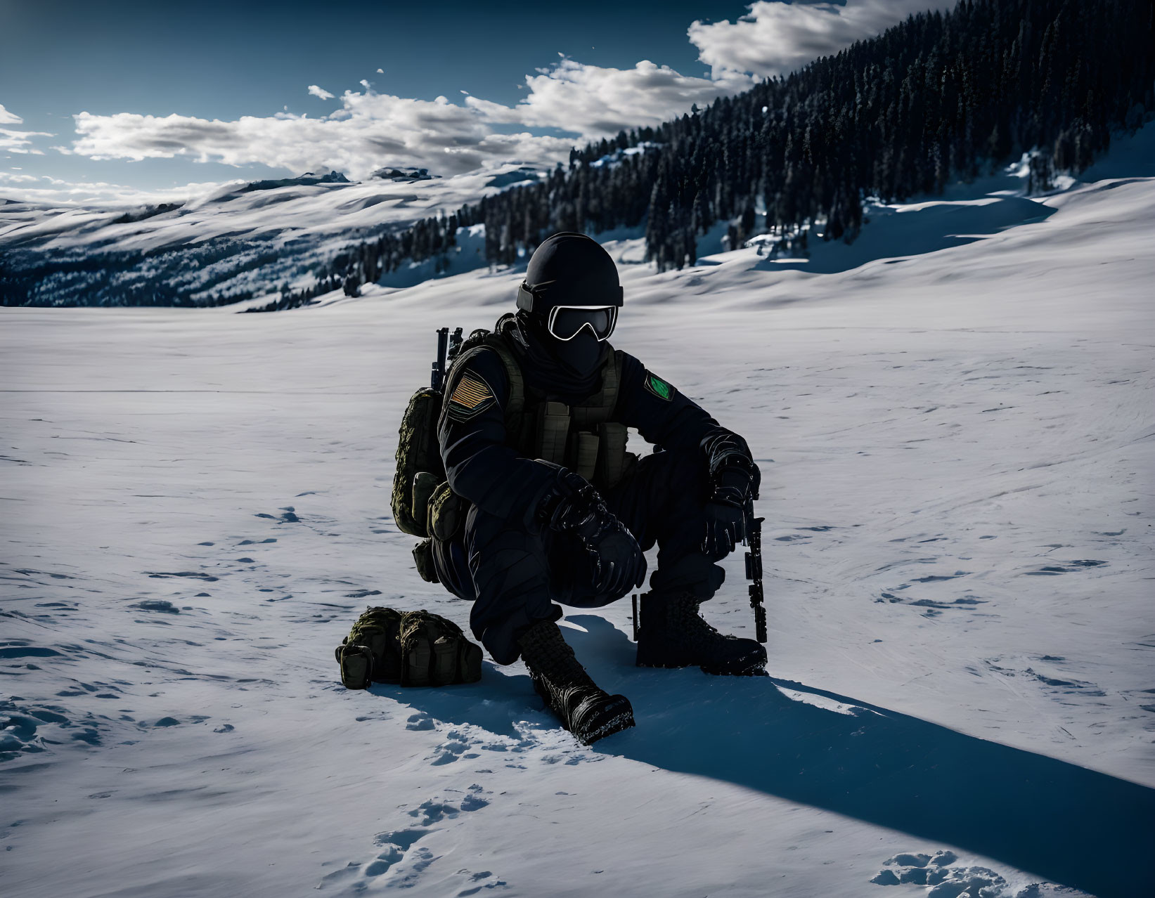 Person in Winter Gear Sitting on Snowy Mountain with Backpack under Partly Cloudy Sky