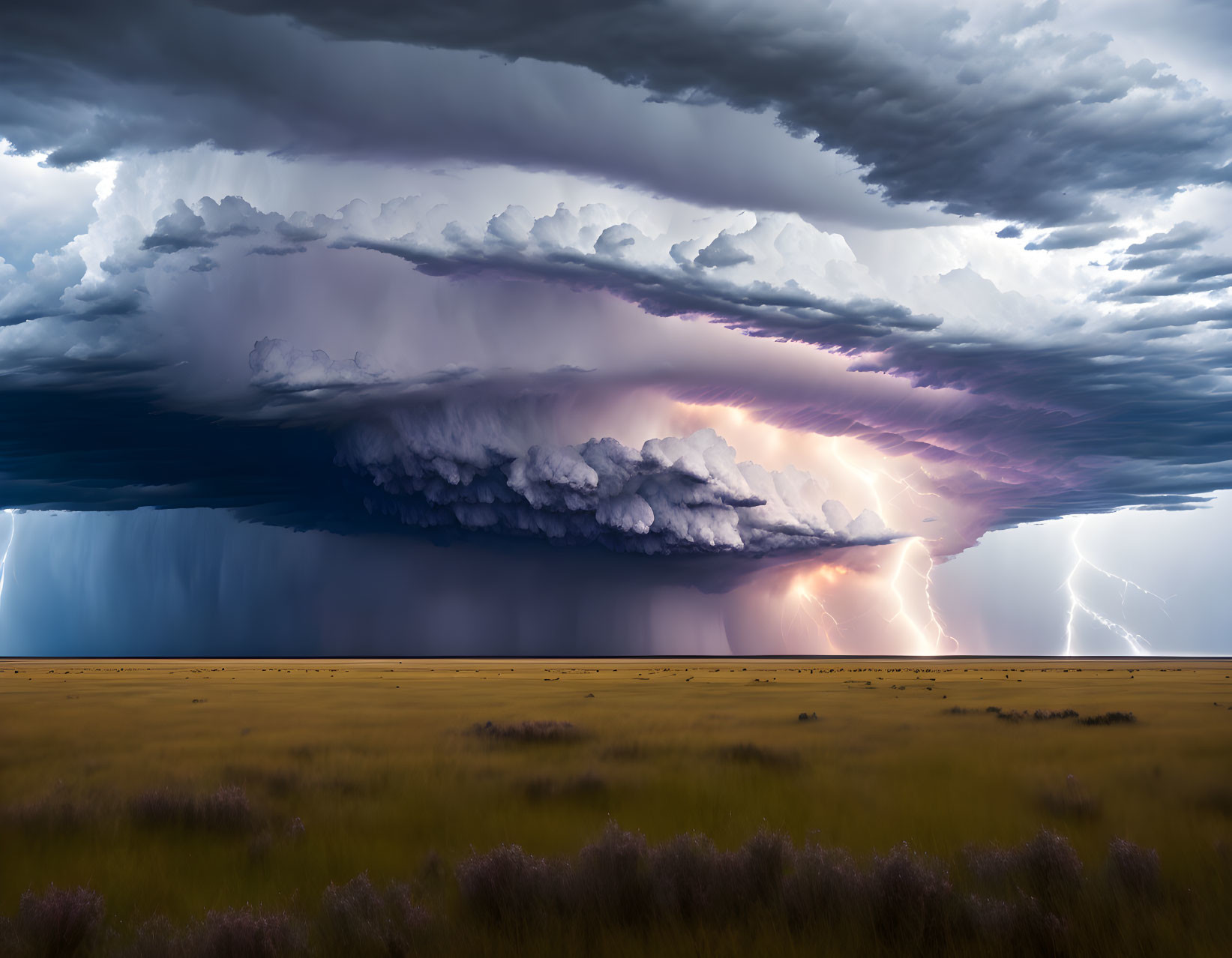 Supercell storm with lightning strikes over vast grassland