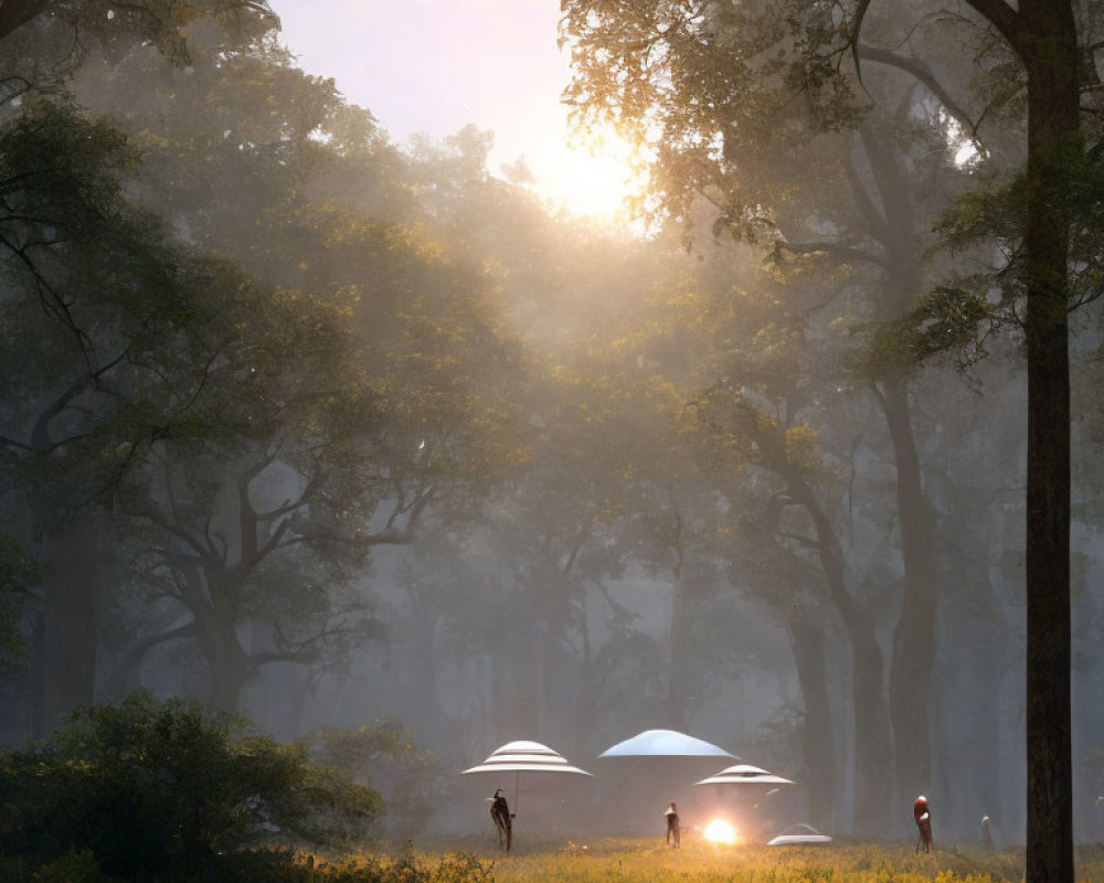 Misty forest sunrise with people holding white umbrellas