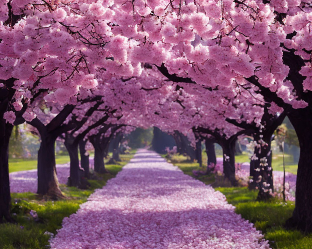 Tranquil Pathway with Pink Cherry Blossom Trees