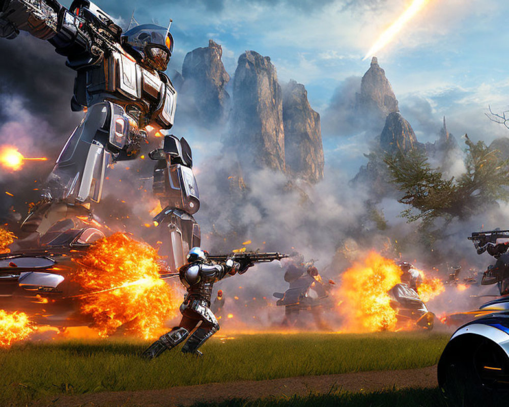 Futuristic humanoid robot in battle scene with explosions and advanced vehicles