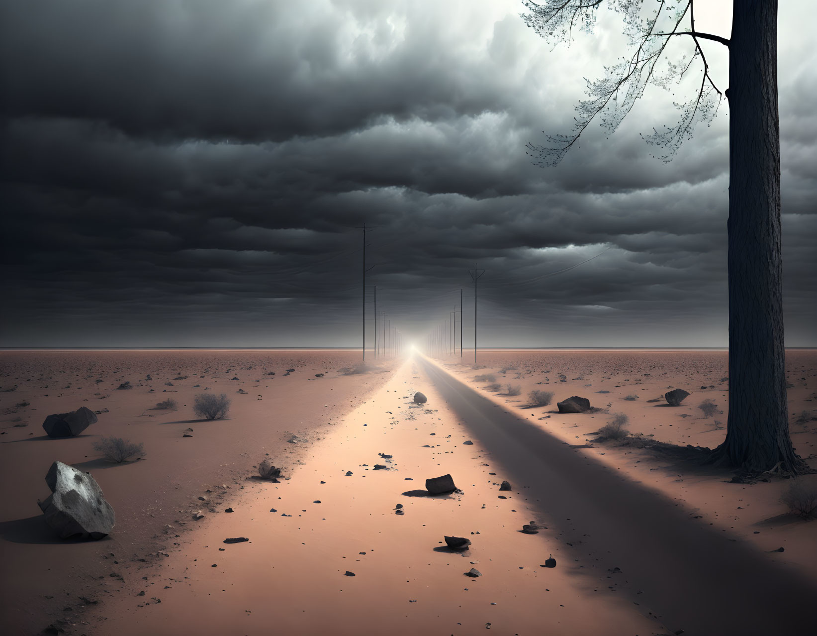 Barren landscape with road under brooding sky and mysterious light.