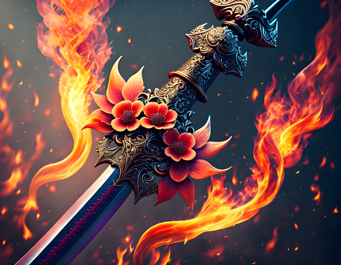 Detailed ornate sword with floral guard design in vibrant flames and floating embers on dark background