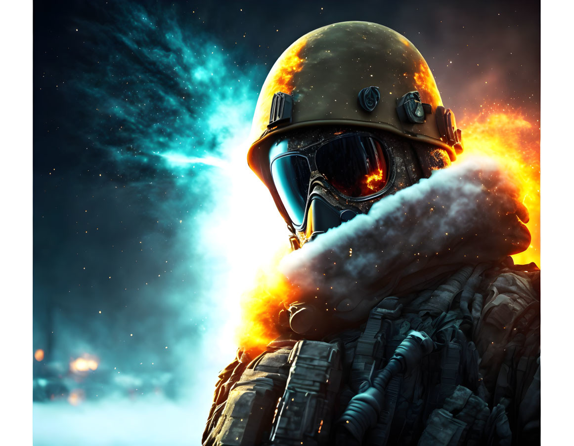 Person in combat gear with helmet and goggles in fiery explosion backdrop