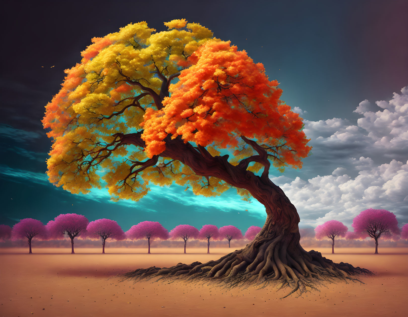 Colorful digital artwork of twisted tree against surreal landscape