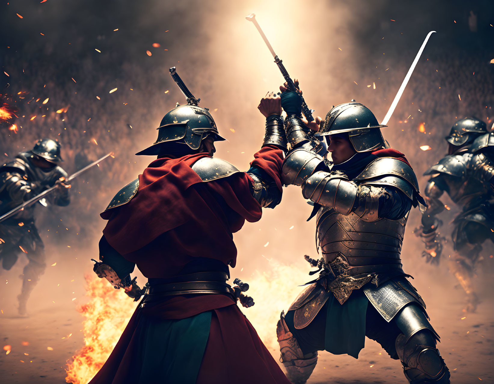 Medieval knights in armor sword fighting on fiery battlefield